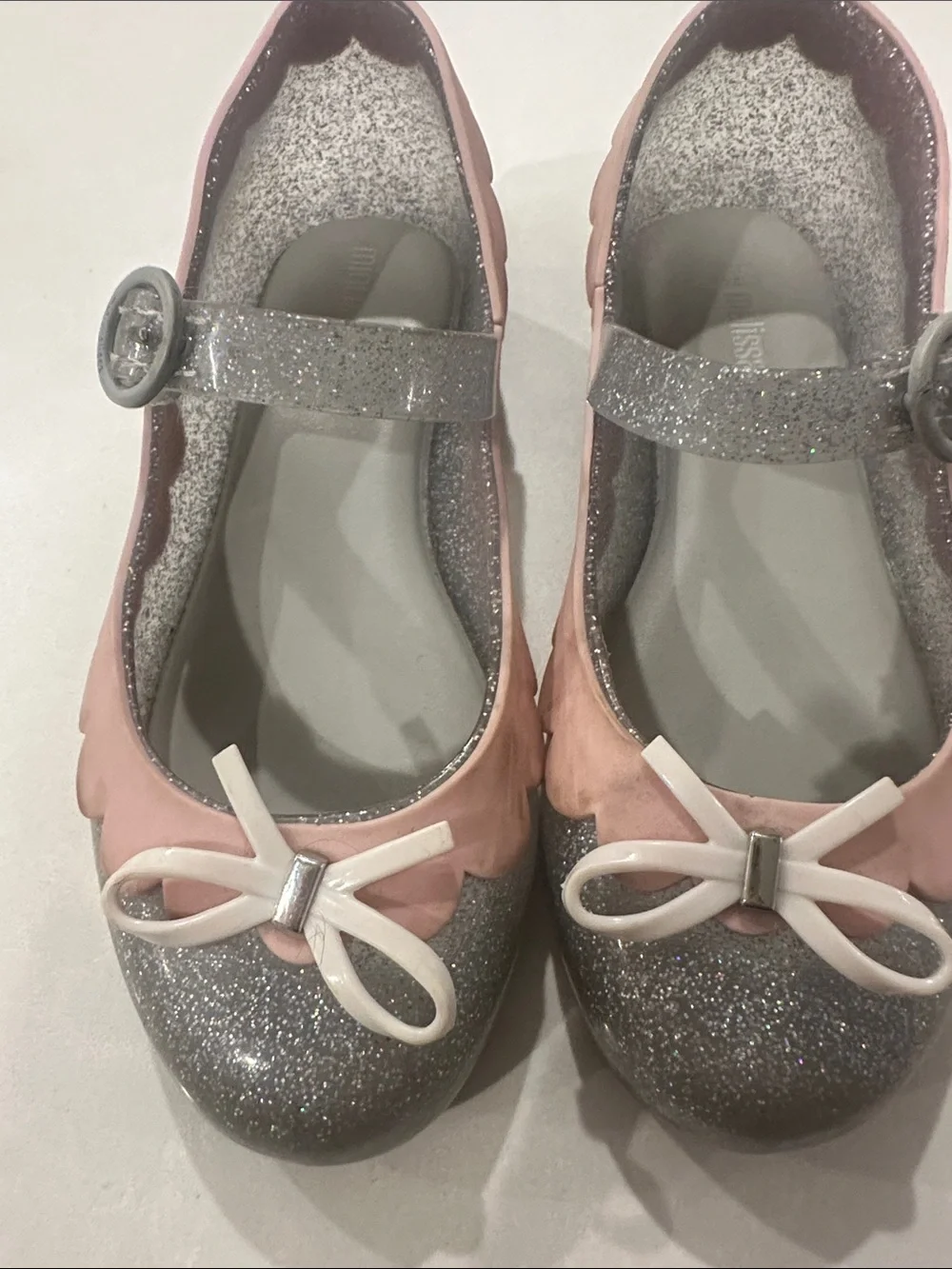 Mini Melissa Pink and Silver Glitter Mary Janes with Bow